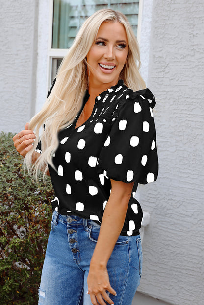 Black Polka Dot Print Shirred Yoke Notched Neck Balloon Sleeve Blouse