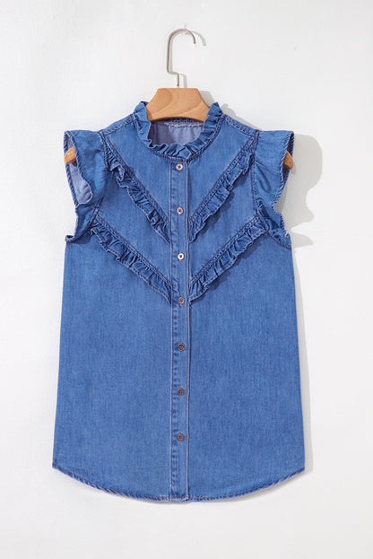 Sky Blue Mineral Wash Frilled Button Up Denim Shirt