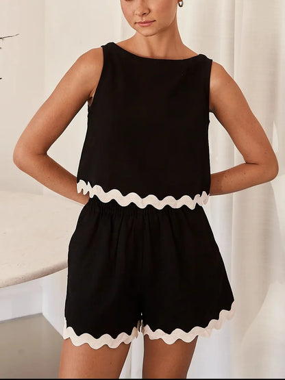 Contrast Trim Round Neck Tank and Shots Set Carauana Store