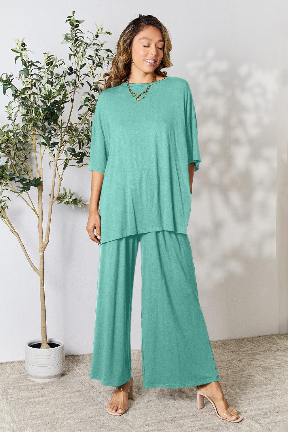 Double Take Full Size Round Neck Slit Top and Pants Set Carauana Store