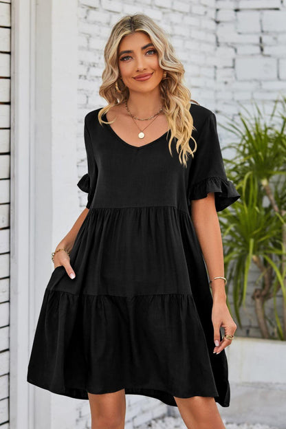 V-Neck Flounce Sleeve Tiered Dress Carauana Store