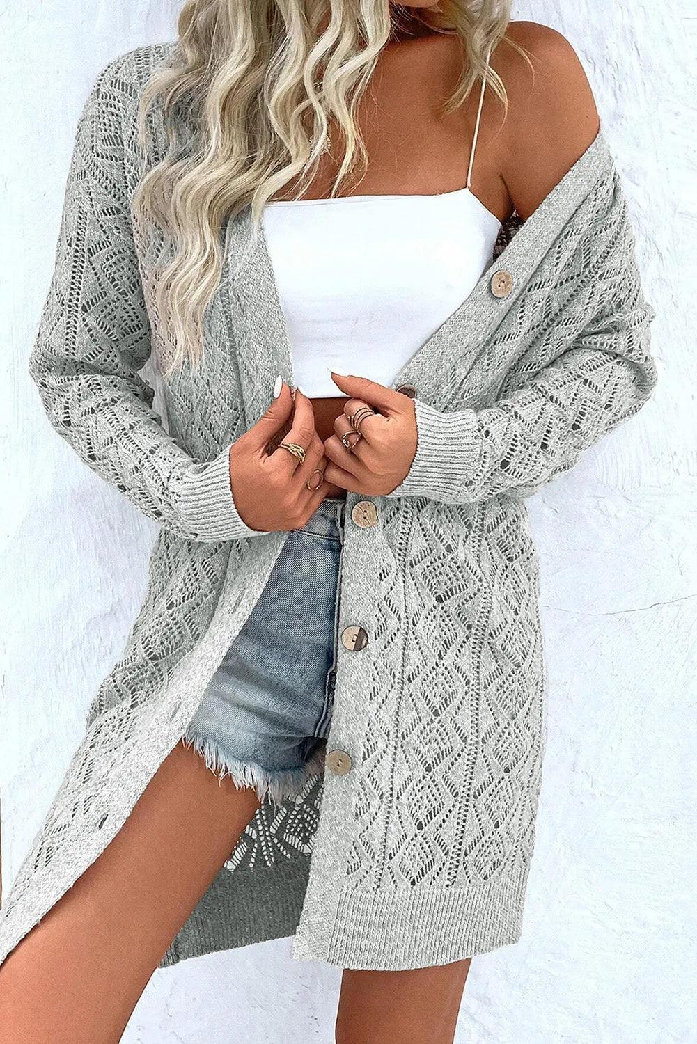 Openwork Button Down Long Sleeve Cardigan Carauana Store