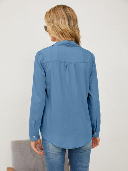 Pocketed Button Up Long Sleeve Denim Shirt Carauana Store