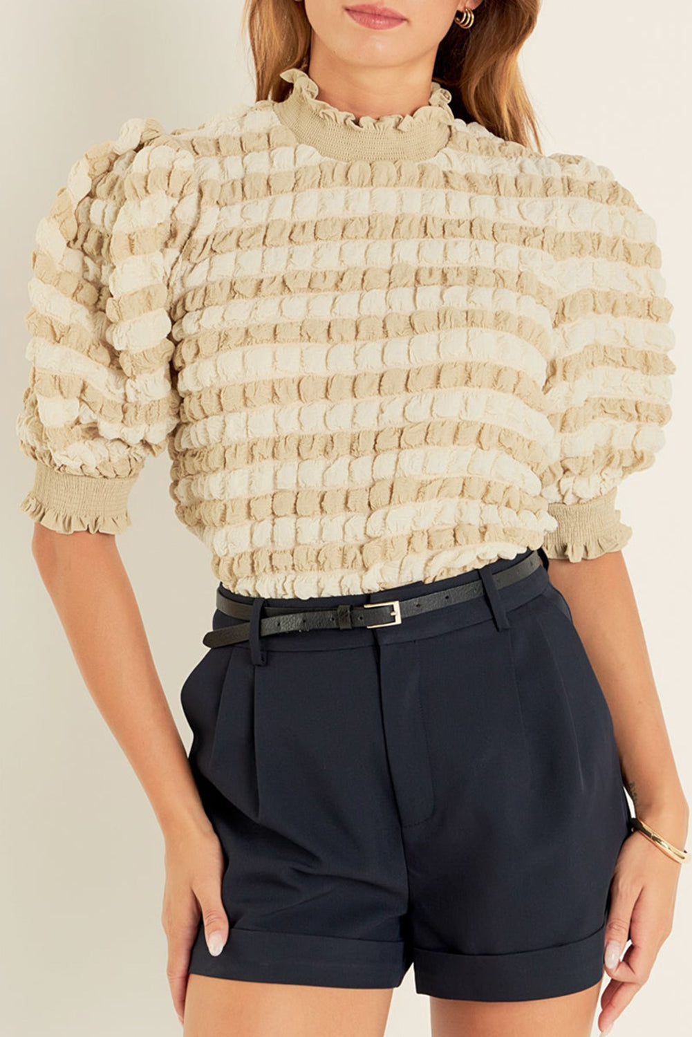 Beige Textured Mock Neck Short Sleeve Blouse