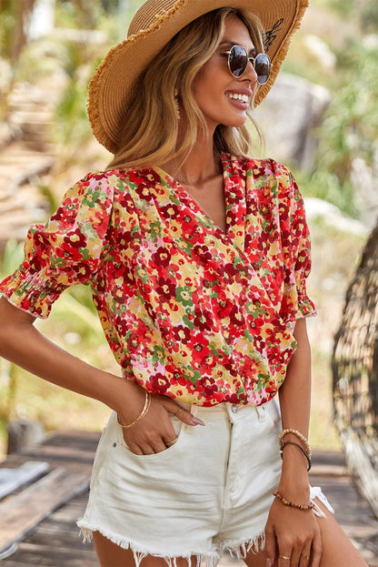 Red Floral Bubble Sleeve Pleated V Neck Wrap Blouse