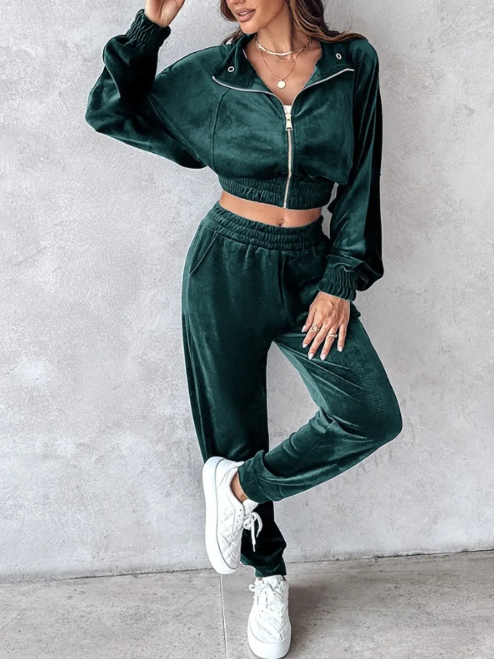 Zip Up Long Sleeve Cropped Top and Joggers Set Carauana Store