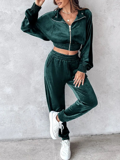 Zip Up Long Sleeve Cropped Top and Joggers Set Carauana Store