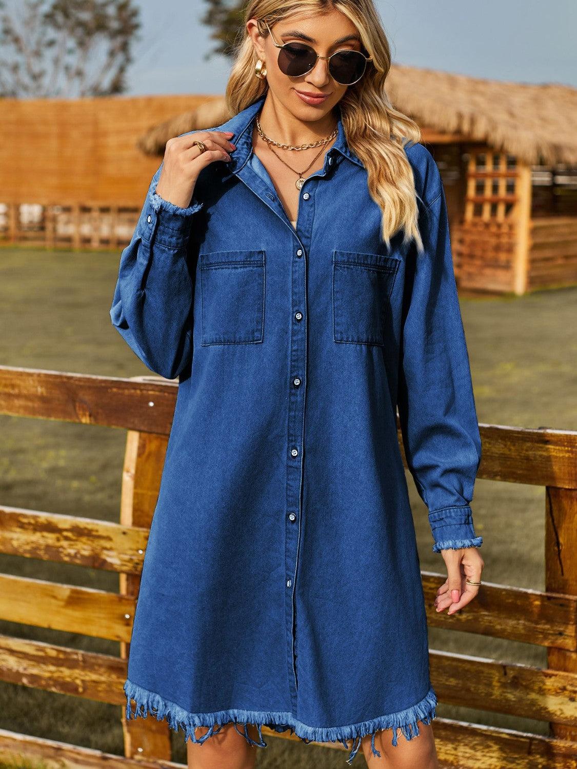 Button Up Collared Neck Raw Hem Denim Dress Carauana Store