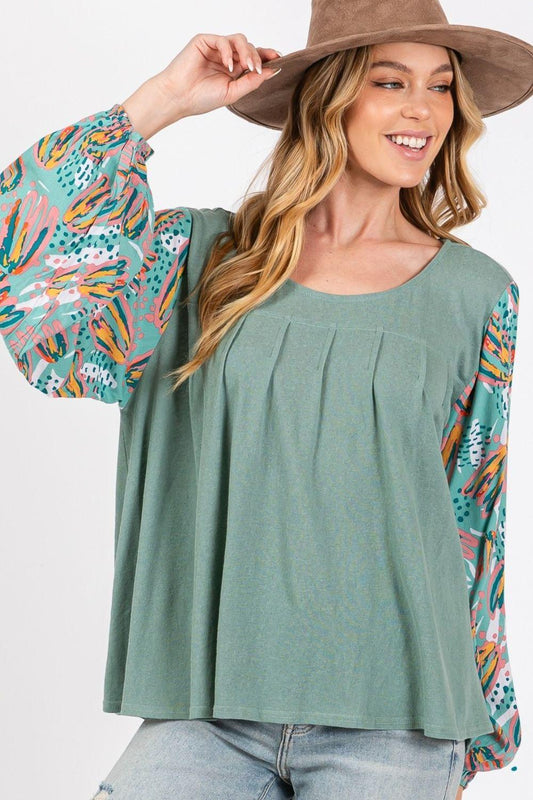 SAGE + FIG Ruched Round Neck Printed Bubble Sleeve Top Carauana Store