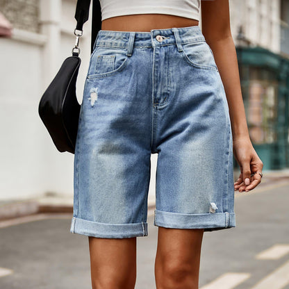 Distressed Buttoned Denim Shorts with Pockets Carauana Store