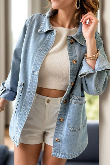 Pocketed Button Up Long Sleeve Denim Jacket Carauana Store