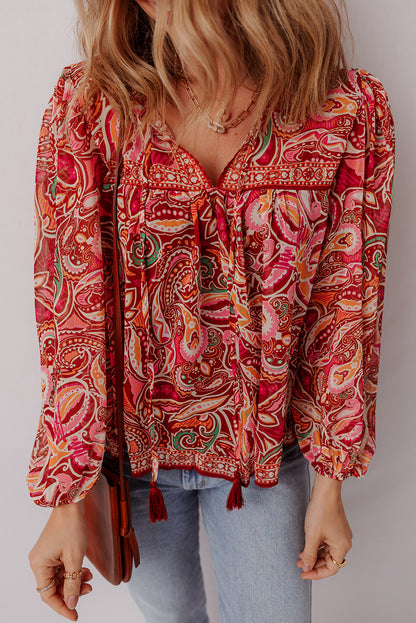Multicolour Ethnic Paisley Print Tassel Tie Puff Sleeve Boho Blouse
