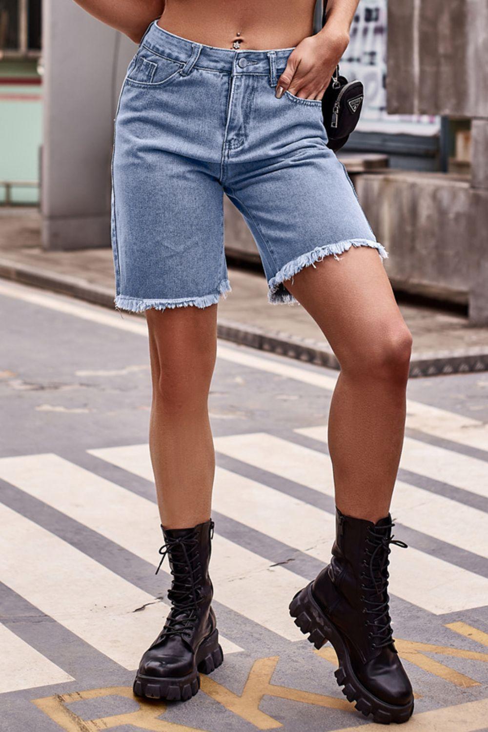Raw Hem Denim Shorts with Pockets Carauana Store