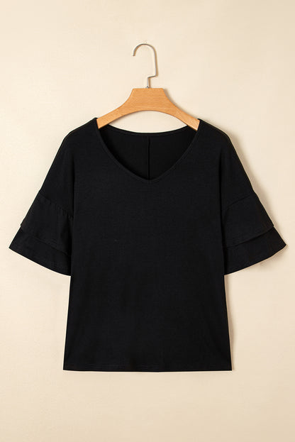 Black Solid Colour V-Neck Double Layer Sleeve Loose T-Shirt
