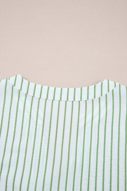 Green Stripe Flower Puff Sleeve Notched V Neck Babydoll Blouse