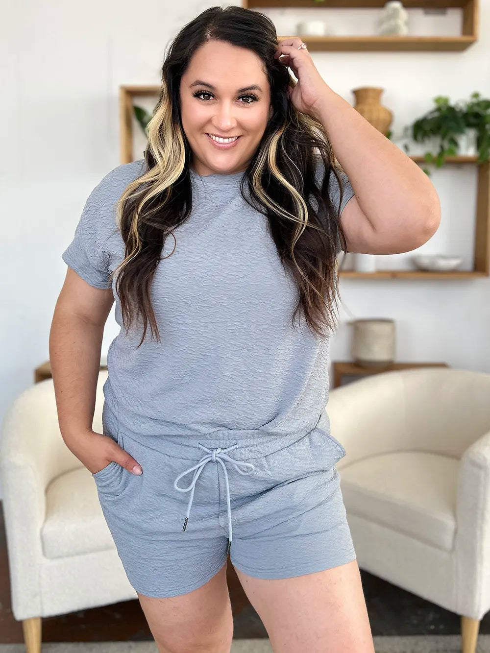 Double Take Full Size Texture Short Sleeve T-Shirt and Drawstring Shorts Set Carauana Store