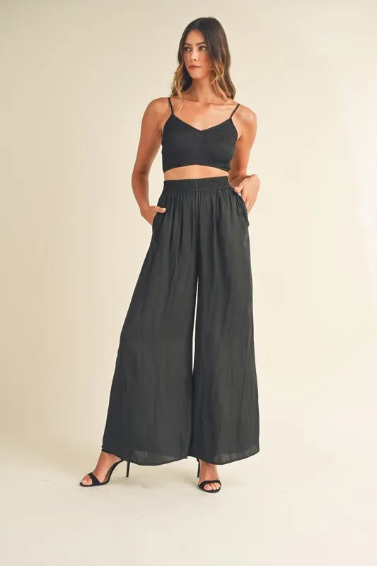 MABLE Smocked Bralette Crop Top and Wide Leg Pants Set Carauana Store