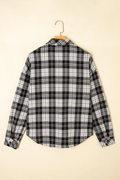 Black Plaid Print Chest Pockets Buttoned Shirt