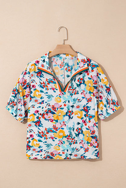 Peacock Blue Floral Print Slit V Neck Short Sleeve Blouse