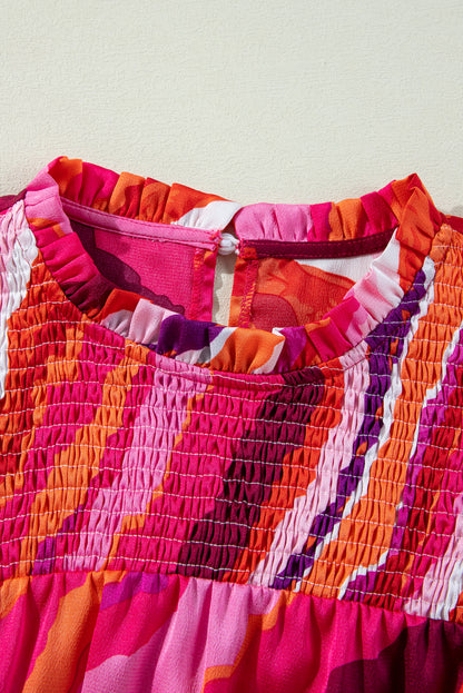 Rose Abstract Print Shirred Yoke Ruffled Blouse