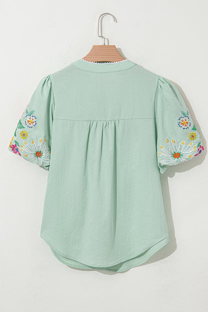 Clearly Aqua Floral Embroidered Puff Sleeve Split Neck Blouse