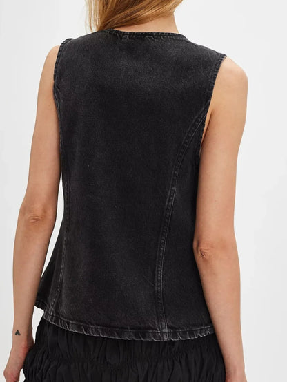 Button Down Round Neck Denim Vest Carauana Store