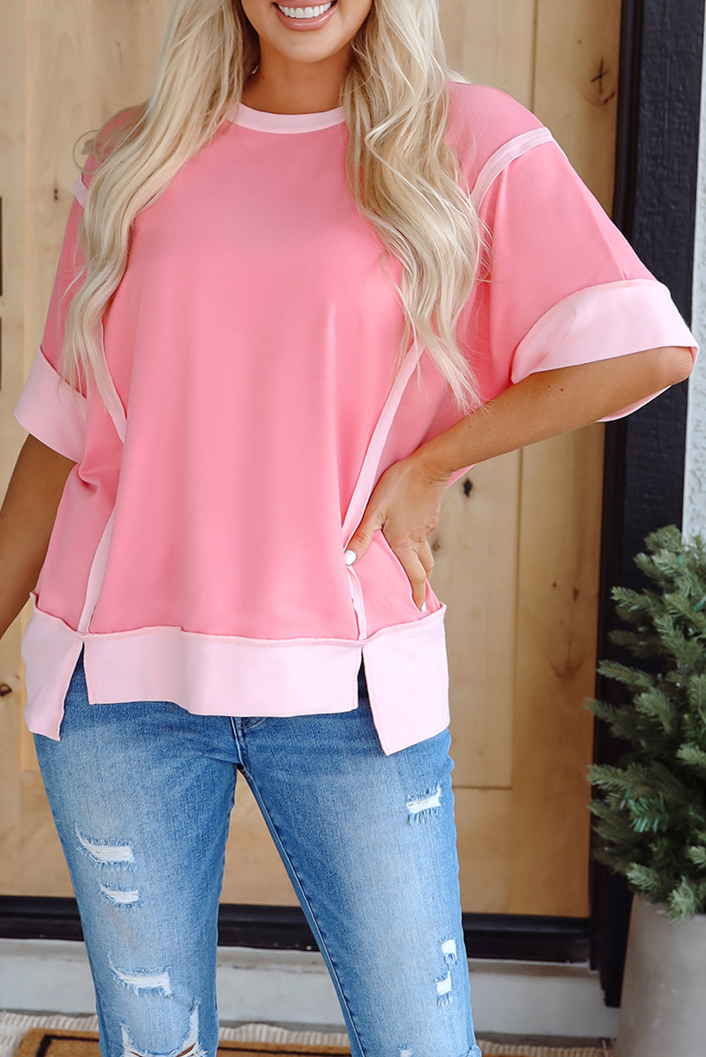 Peach Blossom Half Sleeve Raw Seam High Low Side Split Top