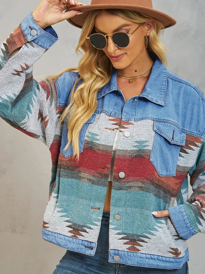 Geometric Button Up Dropped Shoulder Denim Jacket Carauana Store