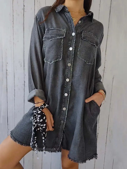 Full Size Raw Hem Button Up Long Sleeve Denim Top Plus Size Carauana Store