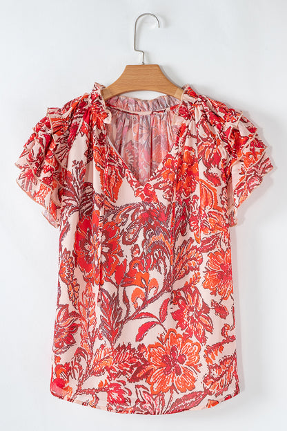 Red Vintage Floral Ruffle Sleeve V Neck Blouse