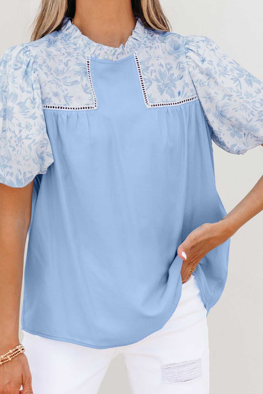 Beau Blue Lace Insert Floral Puff Sleeve Patchwork Loose Blouse