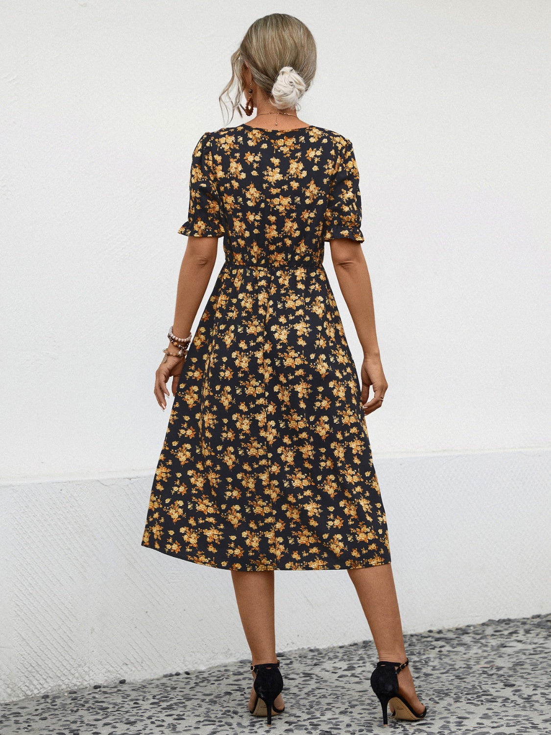 Slit Printed V-Neck Short Sleeve Dress Carauana Store