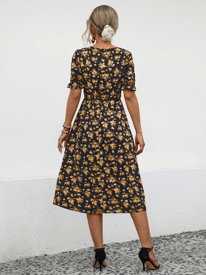 Slit Printed V-Neck Short Sleeve Dress Carauana Store