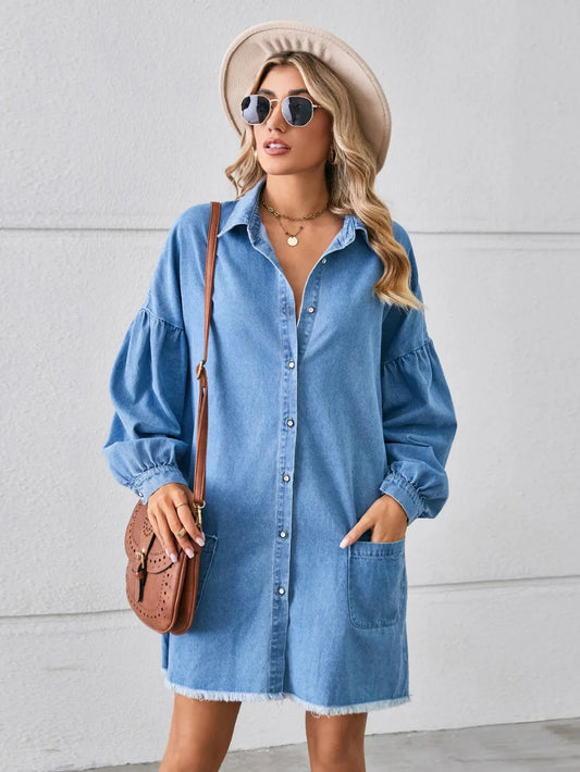 Button Up Pocketed Raw Hem Denim Dress Carauana Store