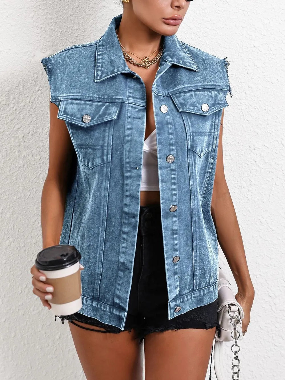 Pocketed Collared Neck Sleeveless Denim Top Carauana Store