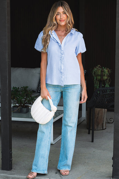 Beau Blue Striped Ruffle Short Bubble Sleeve Shirt