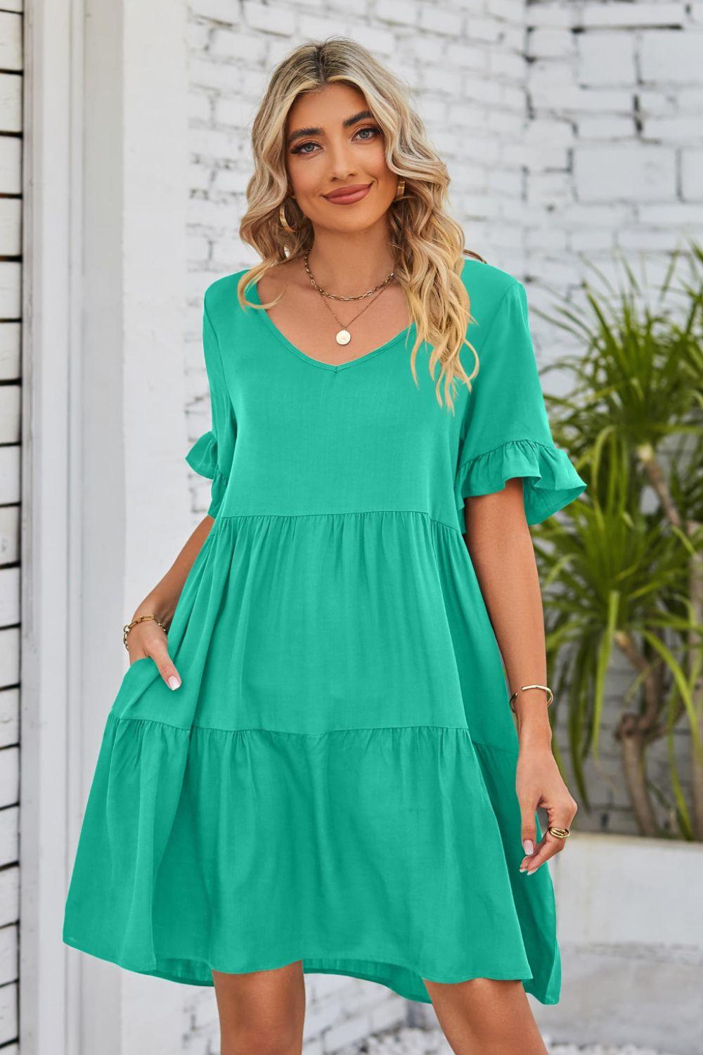 V-Neck Flounce Sleeve Tiered Dress Carauana Store