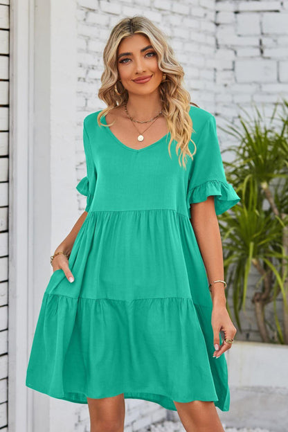 V-Neck Flounce Sleeve Tiered Dress Carauana Store