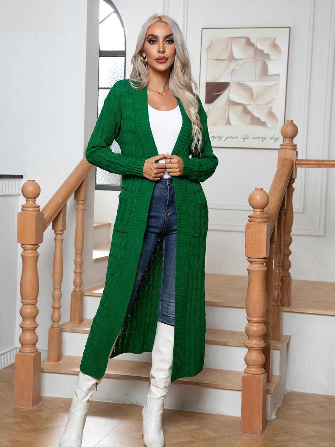 Cable-Knit Open Front Cardigan with Pockets Carauana Store