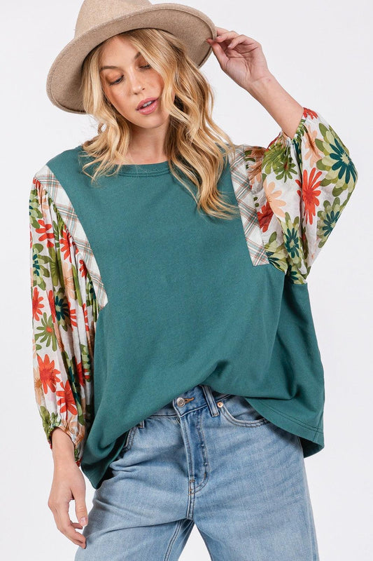 SAGE + FIG Full Size Printed Balloon Sleeve Contrast Top Carauana Store