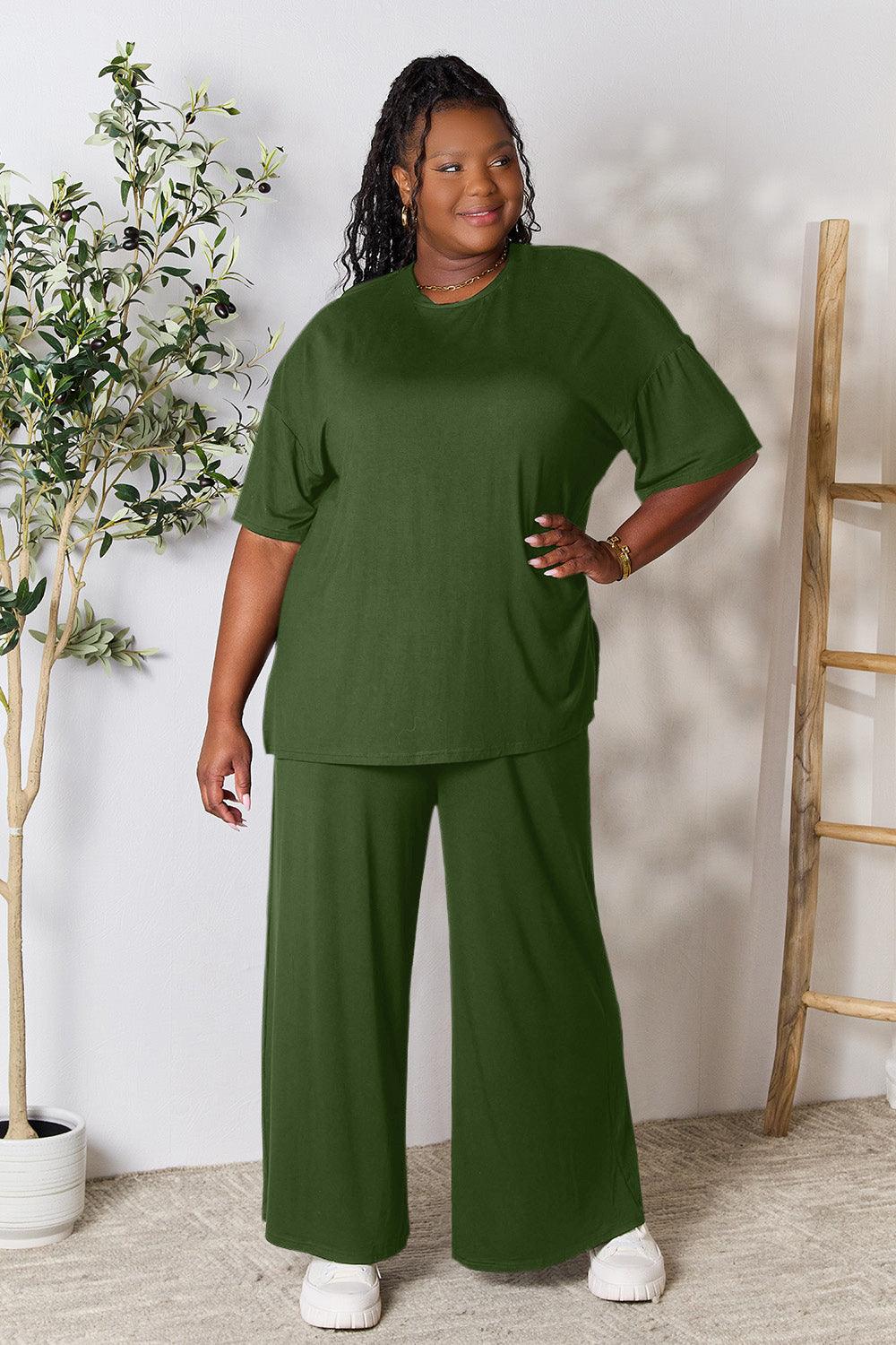 Double Take Full Size Round Neck Slit Top and Pants Set Carauana Store