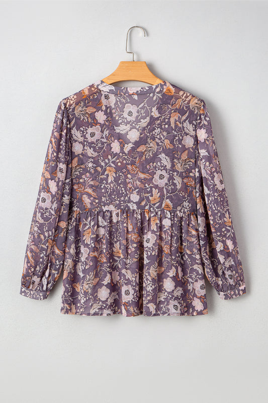 Blue Boho Flower Print 3/4 Sleeve Babydoll Blouse