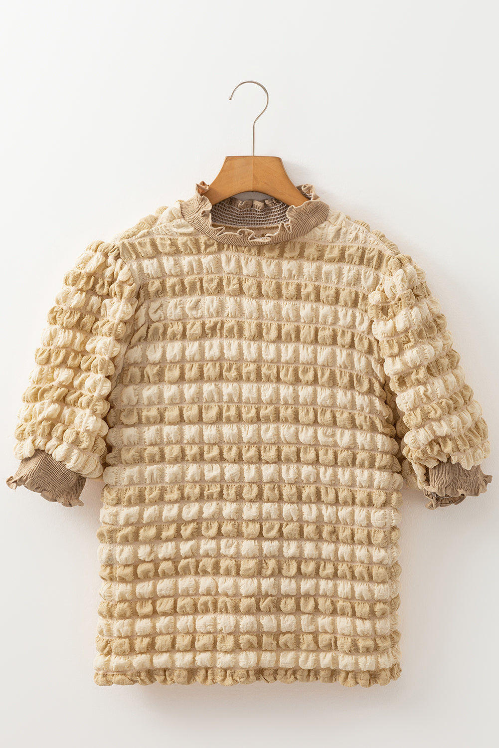 Beige Textured Mock Neck Short Sleeve Blouse