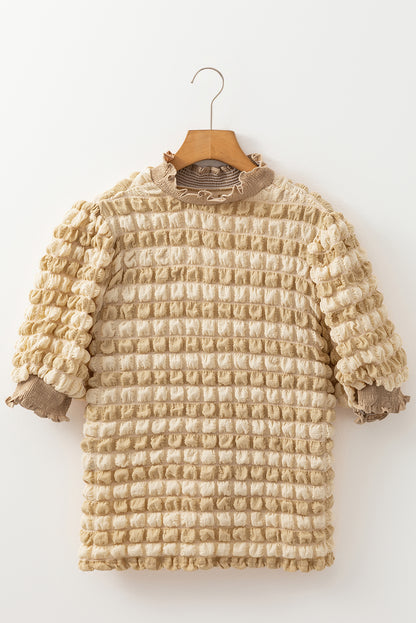 Beige Textured Mock Neck Short Sleeve Blouse