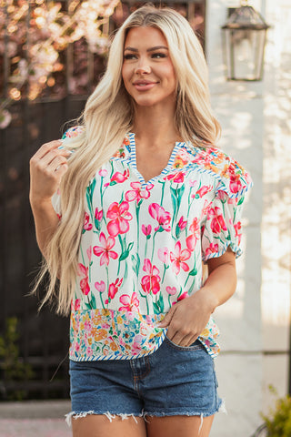 Pink Floral Print Striped Detail Split Neck Short Sleeve Blouse