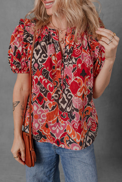 Red Ethnic Print Split Neck Short Puff Sleeve Blouse