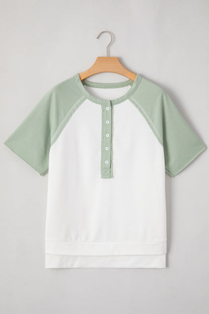 Clearly Aqua Colorblock Raglan Short Sleeve Half Buttons High Low T Shirt
