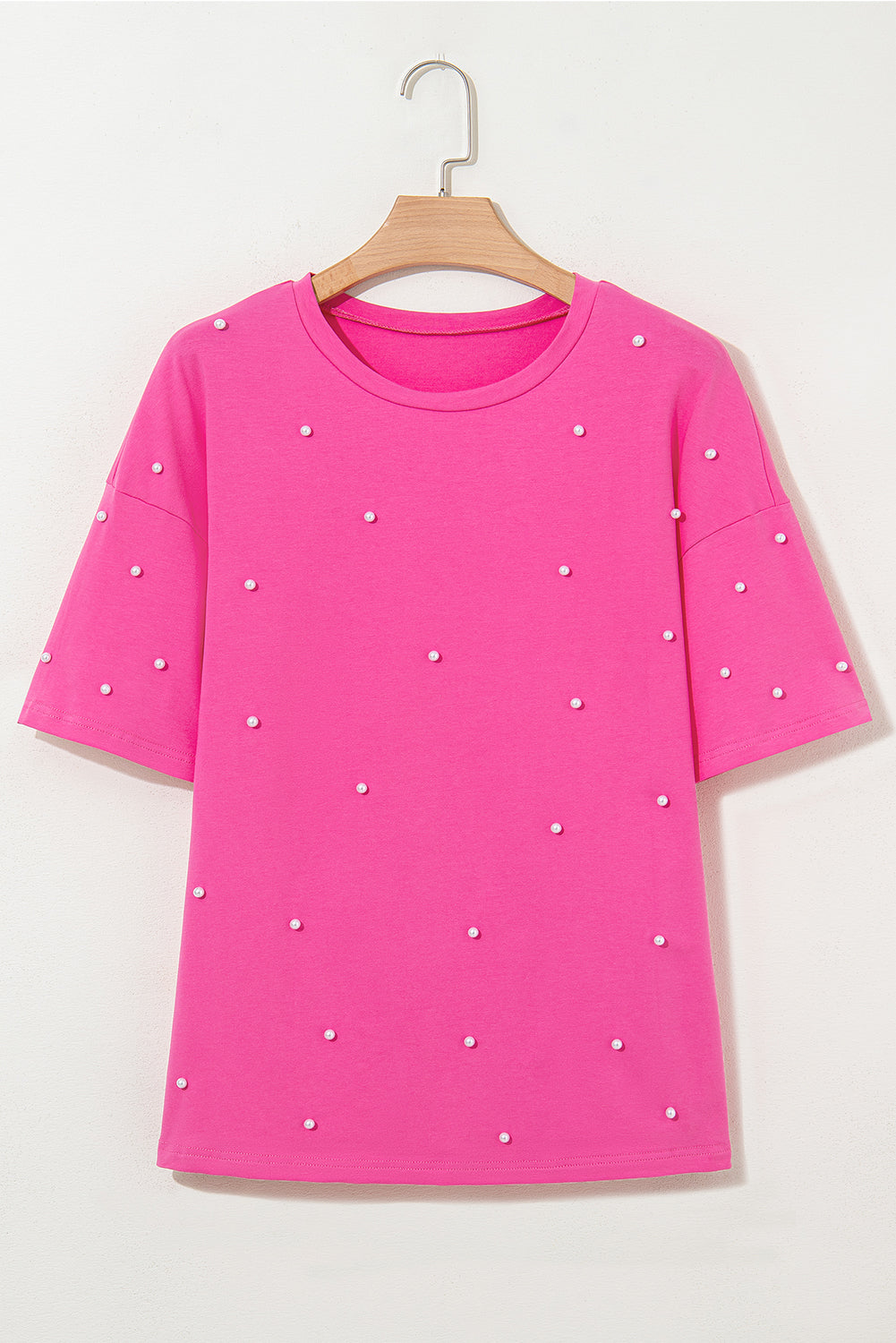 Bright Pink Pearl Beaded Drop Shoulder Crewneck T Shirt