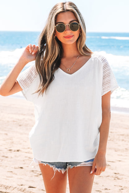 White Lace Crochet Textured Button Back V Neck T Shirt