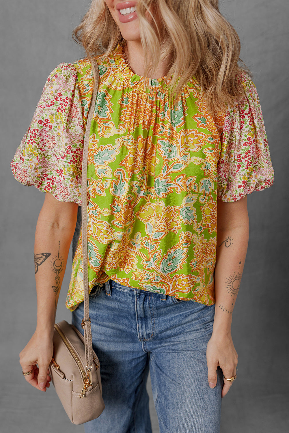 Multicolour Printed Contrast Bubble Sleeve Patchwork Blouse